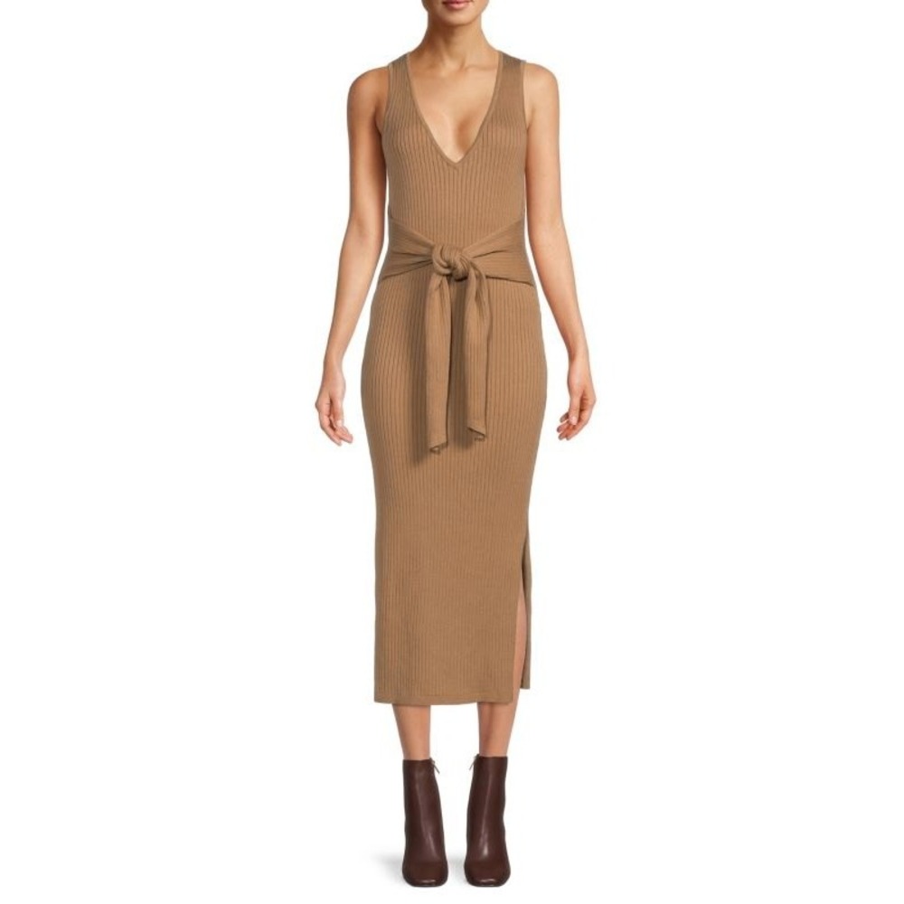 GOOD AMERICAN Ribbed Knit Midi Dress Sleeveless V‎ Neck Tie Waist Size 1 Small